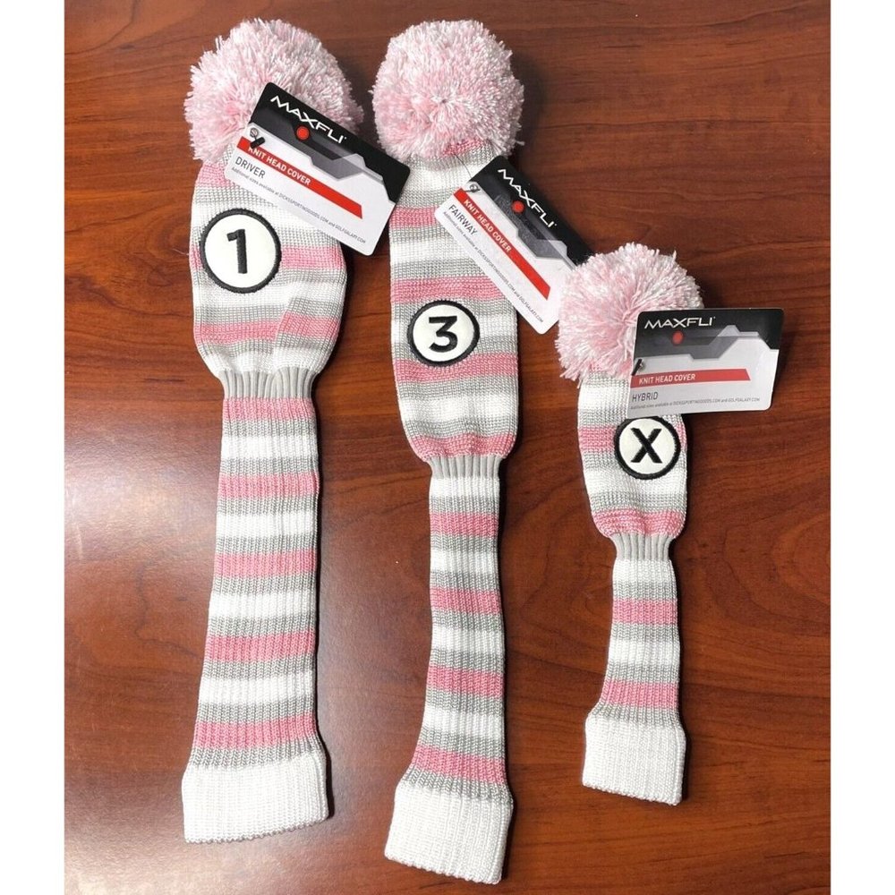 MAXFLI Vintage Style Pink Pom Knit Head Cover Set Driver 1, Fairway 3, Hybrid X
